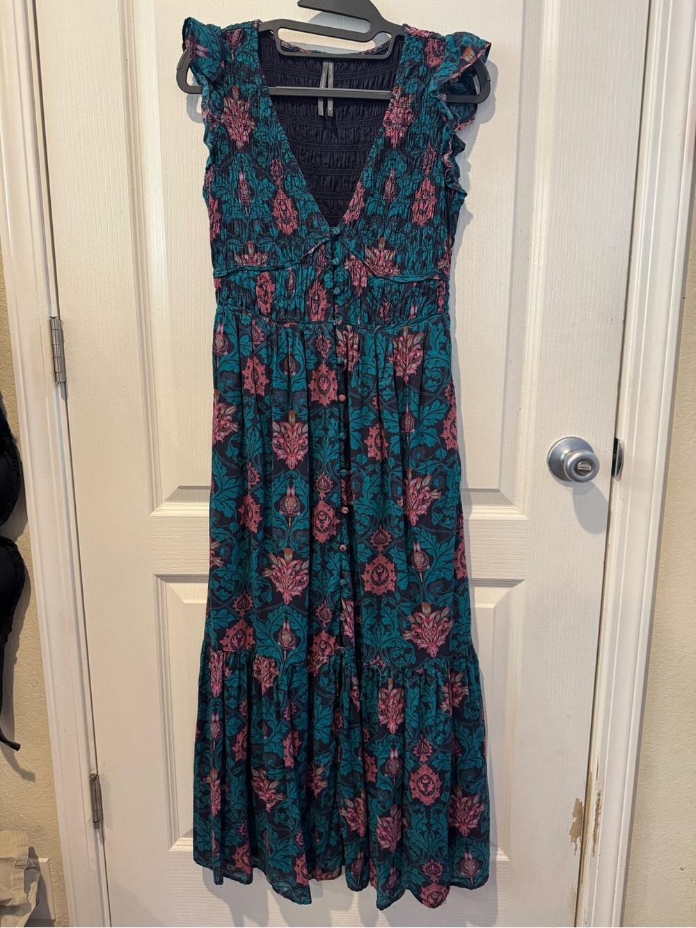 Anthropologie Teal Maxi Dress with Pink Floral Print